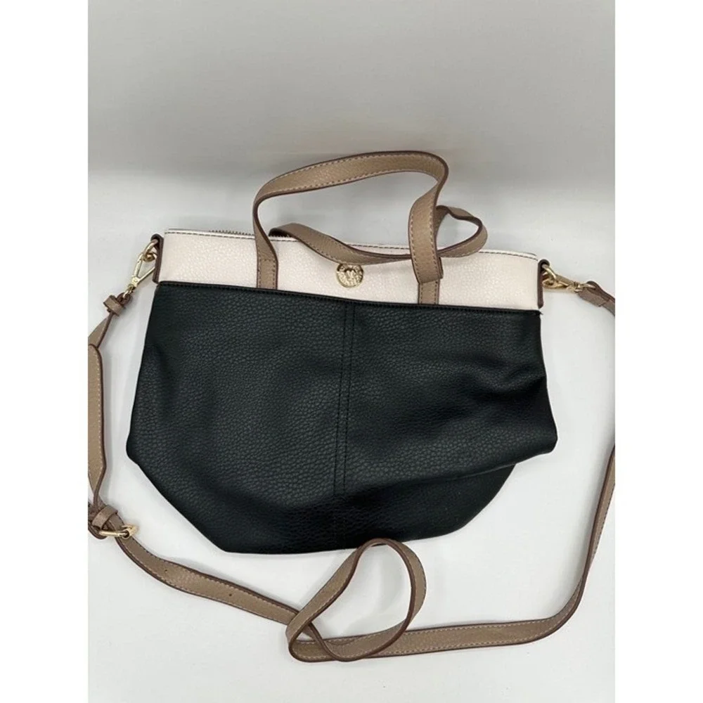 Anne Klein Colorblock Tote Crossbody Handbag‎ Black Cream Taupe Pebbled Purse